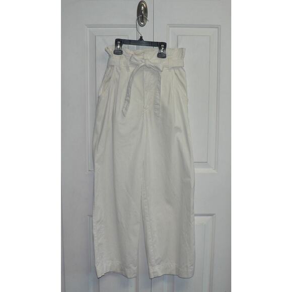 H&M Women's Wide Leg Cotton Paper Bag Waist Ankle Pants in Ivory Size 4 $35 - Picture 1 of 3